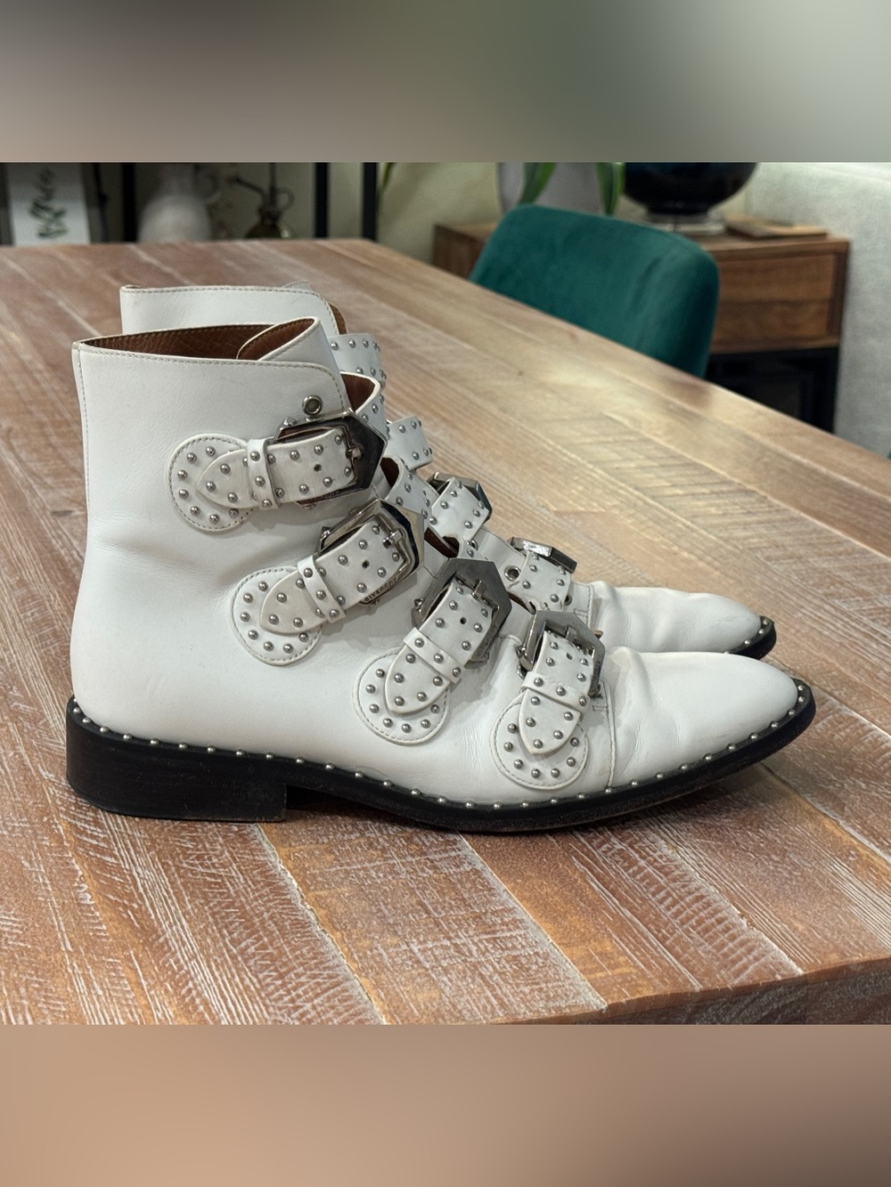 Authentic Givenchy Elegant Studded White Leather Buckle Ankle Boots Size 39/9